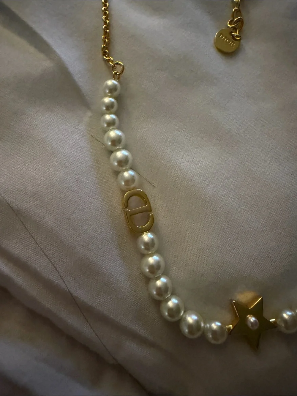 Dior Pearl Necklace with Gold Star and Chain
